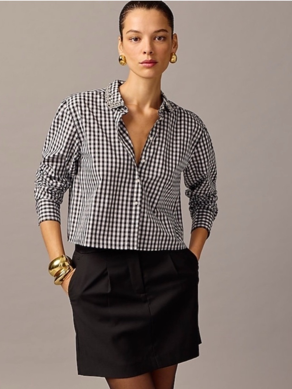 J.Crew Collection Embellished Collar Black & White Gingham Cropped Button-Up